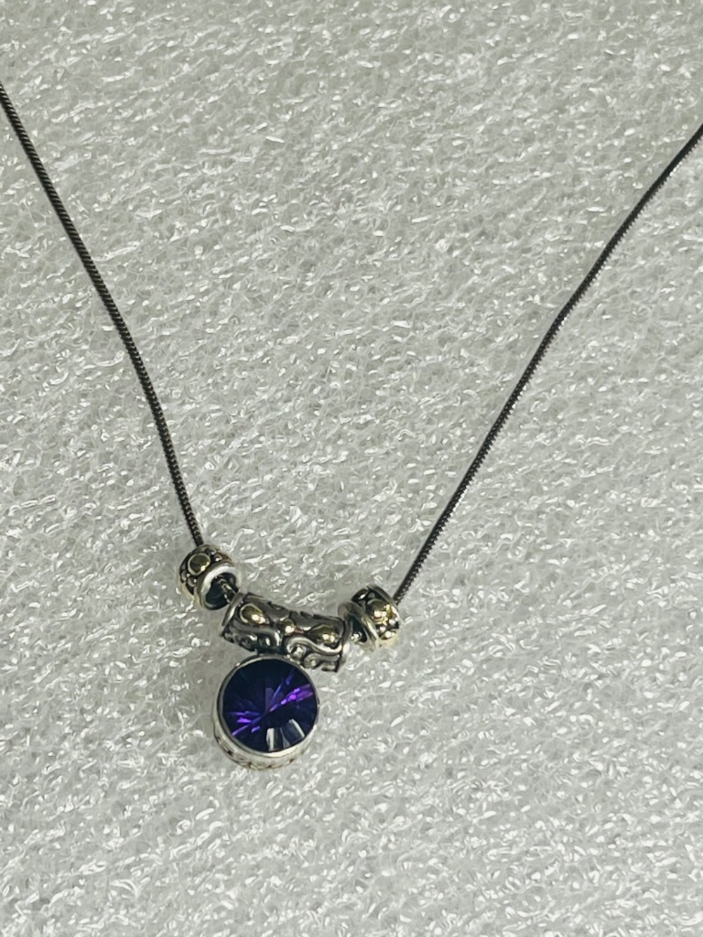 3 Carats Amethyst Bali Style 925 24k Gold Accents Pendant Beads 18 Inch Necklace